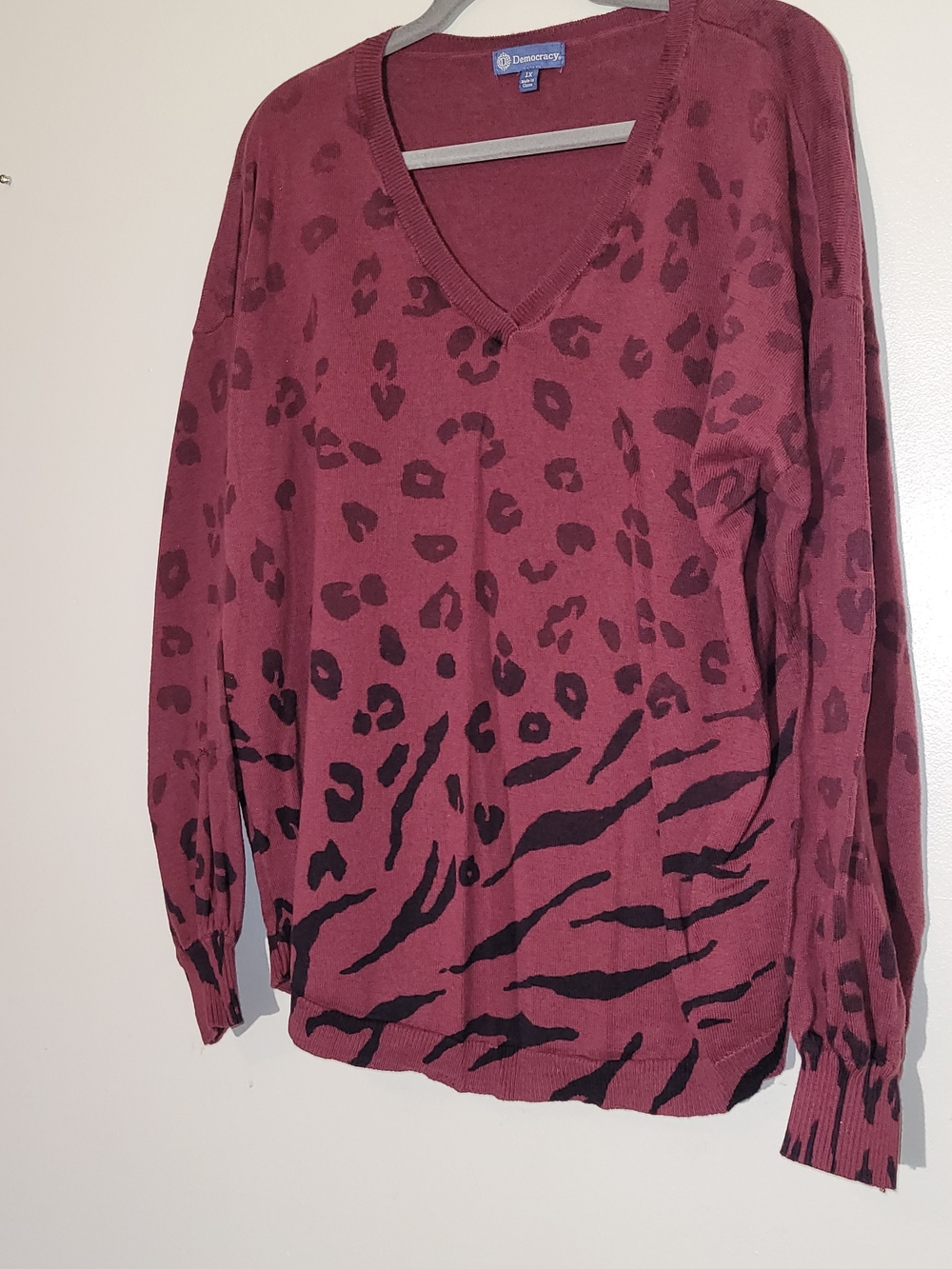 Democracy Women's V-Neck Burgundy and Black Animal Print Sweater